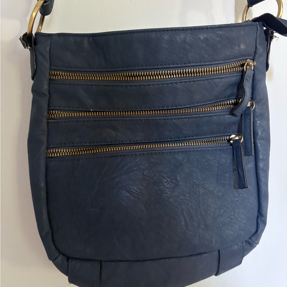 Bueno Leather Navy Blue Crossbody Bag with Gold Accents